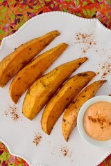 Sweet potato fries with mayonnaise and ketchup