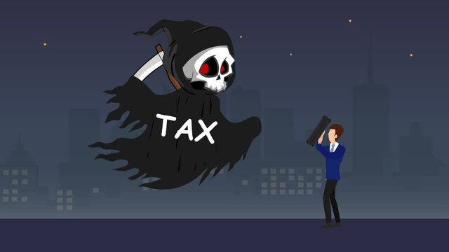 Scared businessman chased by ghost with tax word