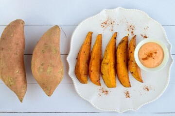 Sweet potato fries with mayonnaise and ketchup dip