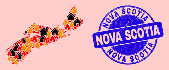Fire hazard and property collage Nova Scotia Province map and Nova Scotia textured stamp seal. Vector collage Nova Scotia Province map is formed with randomized burning homes.