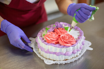 Pastry chef decorates the cake with flowers from the cream. The cream is squeezed out of the pastry bag through a special nozzle