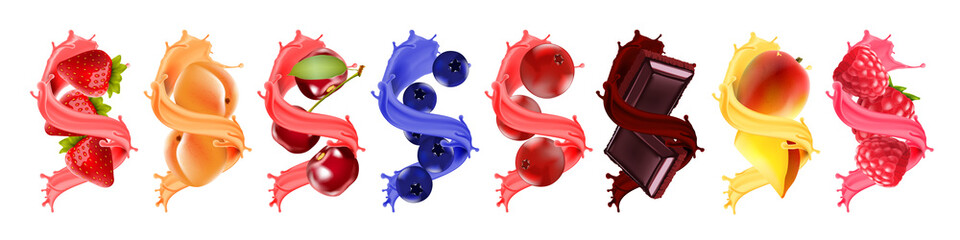Fruit and berry in juice splash or yogurt swirl with strawberry, blueberry, cranberry, cherry, apricot, chocolate, mango and raspberry. 
