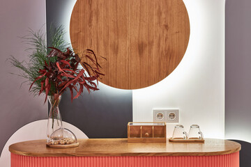 a beautifully decorated wooden table and wall