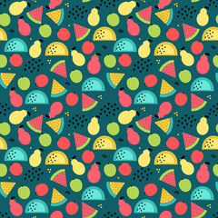 Seamless background with fruit. Watermelon slices with seeds, colorful pears and apples, and other simple vector elements on a turquoise background