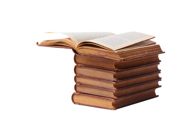 A stack of old books bound in brown leather, isolated on a white background. Space for text