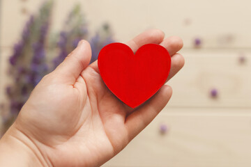 red wooden heart on female palm on background of light natural offset with purple lupine flowers in blur