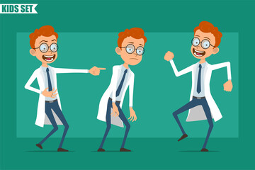 Cartoon flat redhead little doctor or scientist boy character in uniform. Ready for animation. Kid tired, laughing, jumping and dancing. Isolated on green background. Vector set.