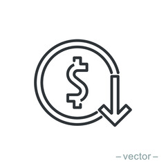 Dollar down icon symbol vector on white background. Line style. EPS 10.