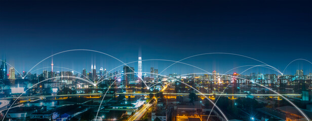 Panorama cityscape and network connection concept.