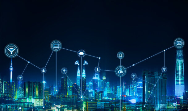 Wireless communication network concept with cityscape.