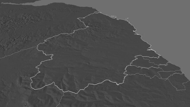 Northumberland, administrative county with its capital, zoomed and extruded on the bilevel map of England in the conformal Stereographic projection. Animation 3D