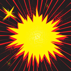 Retro empty speech bubble with radial diverging rays and lines and halftone dots. Supernova explosion in space. Mockup for comic book and manga. Vector bright dynamic cartoon illustration. Pop-art