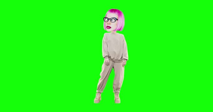 Stop motion animation funny character girl pink hair with different emotions on chroma key background.  Ideal for advertising and presentations