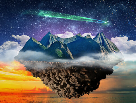 fantasy night lanscape, mountain island floating above sea  and starry sky with comet