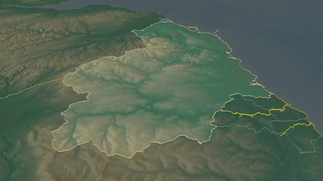Northumberland, administrative county with its capital, zoomed and extruded on the relief map of England in the conformal Stereographic projection. Animation 3D