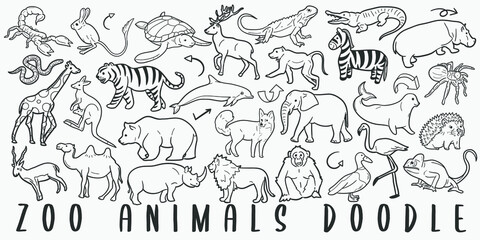 Zoo Animals Doodle Line Art Illustration. Hand Drawn Vector Clip Art. Banner Set Logos.