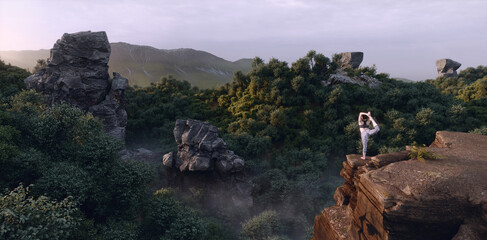 Girl practicing king dancer yoga pose on the edge of a high cliff in front of beautiful forest and mountain scenery in purple sunrise. 3d rendering.