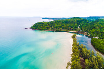 Beautiful aerial view white sand beach and blue sea view of the Koh Kood island beach