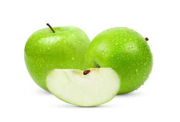 Green Apple Isolated on White Background with water drop in Full Depth of Field