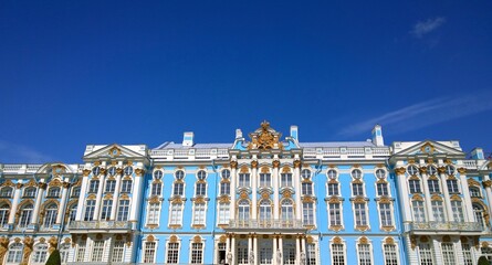 Facade of Catherine Palace located in suburb of St. Petersburg, in the city of Pushkin, Russia....