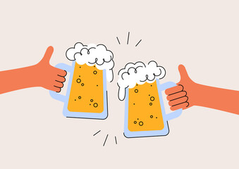 Cheers. International Beer Day. Two hands are holding the beer glasses mugs. Design print for poster, banner, cards, invitation to party. Oktoberfest Festival. Vector simple modern flat illustration