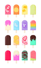 Set of colorful ice cream illustrations. Vector icons with strawberry, orange, kiwi, chocolate, mint, fruit and other desserts. Idea for cafe menu