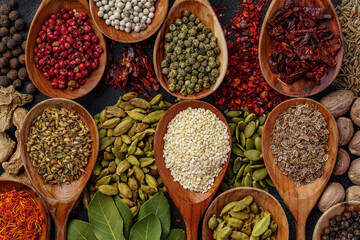 Background of variety of different vivid spices in wooden spoons