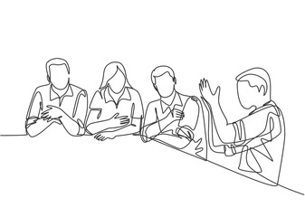 One single line drawing of young male and female workers discuss about project in company meeting. Business talk and discussion concept. Modern continuous line draw design vector graphic illustration