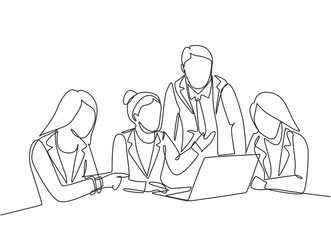 One single line drawing of young happy female CEO presenting new technology innovation to the members at the office. Startup work life. Concept continuous line draw design vector graphic illustration