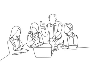 One single line drawing of young happy startup workers facing laptop computer to listen the CEO presenting business plan. Business meeting concept continuous line draw design vector illustration