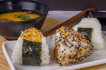 Onigiri, Japanese food, Japanese rice ball, rice triangle with seaweed.