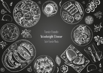 Family dinner top view, vector illustration. Friendly dinner table. Food design template. Engraved style background. Hand drawn sketch, design template.