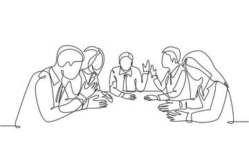 One continuous line drawing of young male and female sales managers meeting to discuss company goal target at the office. Sales marketing strategy concept. Single line draw design vector illustration