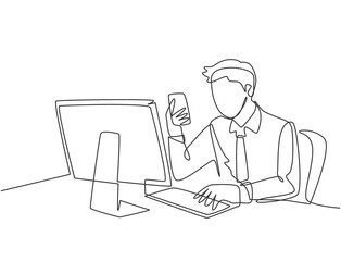 Single continuous line drawing of young manager typing message on smartphone and sending it to his colleague while siting at the office. Text messaging concept one line draw design vector illustration