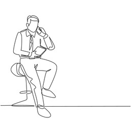 Single continuous line drawing of young businessman sitting relax on work chair and analyzing annual report at tablet screen. Business analyze concept one line draw design vector graphic illustration