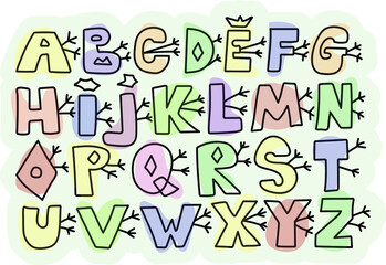 Latin alphabet. ABC. Hand drawn letters with graphic decoration elements. Cute, fun font for kids. Isolated on white background. Customezed colors. For banners, nursery design, postcards.