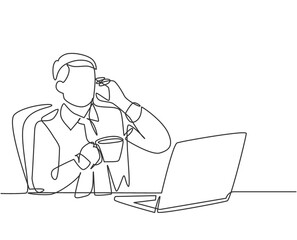 Fototapeta na wymiar One single line drawing of young male employee holding smartphone during drinking a cup coffee and reading business journal on laptop. Business concept continuous line draw design vector illustration
