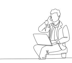 Fototapeta na wymiar Single continuous line drawing of young manager sitting and typing on laptop during calling his team member to give instruction. Work direction concept one line draw graphic design vector illustration