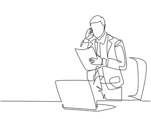 Fototapeta na wymiar Single continuous line drawing of young marketing manager reading sales report from sales division during receiving a phone call. Company report concept one line draw design vector illustration