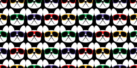 Cute cartoon french bulldog. Hand drawn seamless vector illustration art on black background . White French bulldog wearing sunglasses. 
