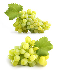 tasty bunches of white grapes with leaf on white