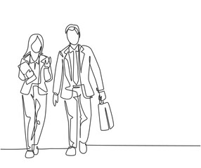 Fototapeta na wymiar One single line drawing of young couple male and female managers discussing new strategy plan to company growth. Urban commuter workers concept continuous line draw design graphic vector illustration