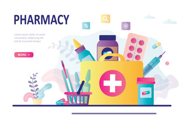 Bag with different medical pills and bottles. Healthcare, pharmacy landing page template. First aid kit, medicine chest.