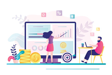 Female financial advisor provides analytics to businessman on monitor screen. Male client consult about invest ideas, finance planning.