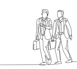 One single line drawing of two young male managers walking in hurry while looking at his watch try not be late for work. Urban commuter worker concept continuous line draw design vector illustration