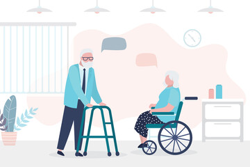 Elderly people talking. Seniors chatting in clinic hallway. Room interior. Grandfather and grandmother characters in trendy style.