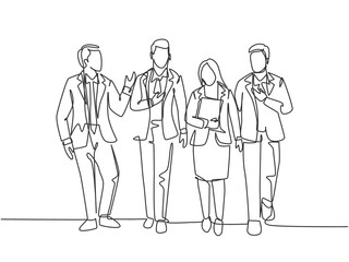 Single continuous line drawing of young businessman and businesswoman walking and talking together on office lobby. Urban commuter workers concept one line draw design vector illustration