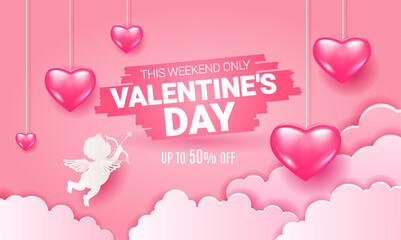Obraz na płótnie Canvas Valentine's day sale offer, banner template. Pink heart with hearts and lettering. Paper cupid love and clouds on light pink background. Valentines Heart paper tags garland Vector illustration. EPS.