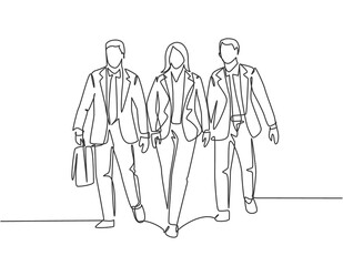 Fototapeta na wymiar Single continuous line drawing of young businessman and businesswoman walking and talking together to the office. Urban commuter workers concept one line draw design graphic vector illustration