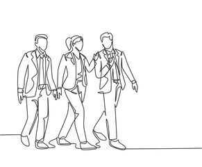 One continuous line drawing of young male and female managers talking and walking together on office lobby to go to canteen . Urban commuter workers concept single line draw design vector illustration